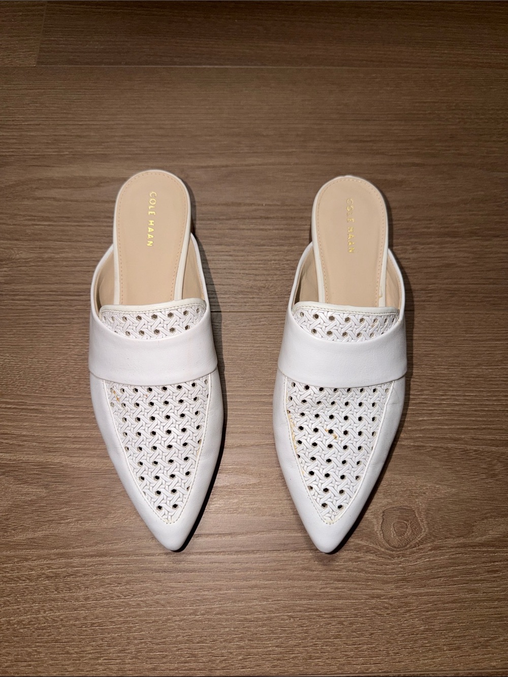 Cole Haan Marlee White Woven Leather Pointed Toe Slip-On Mules